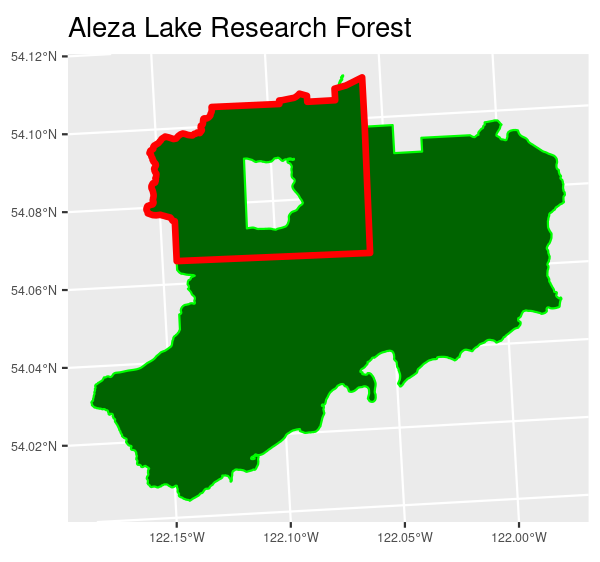 The Aleza Lake Research forest with the area of interest outlined in red