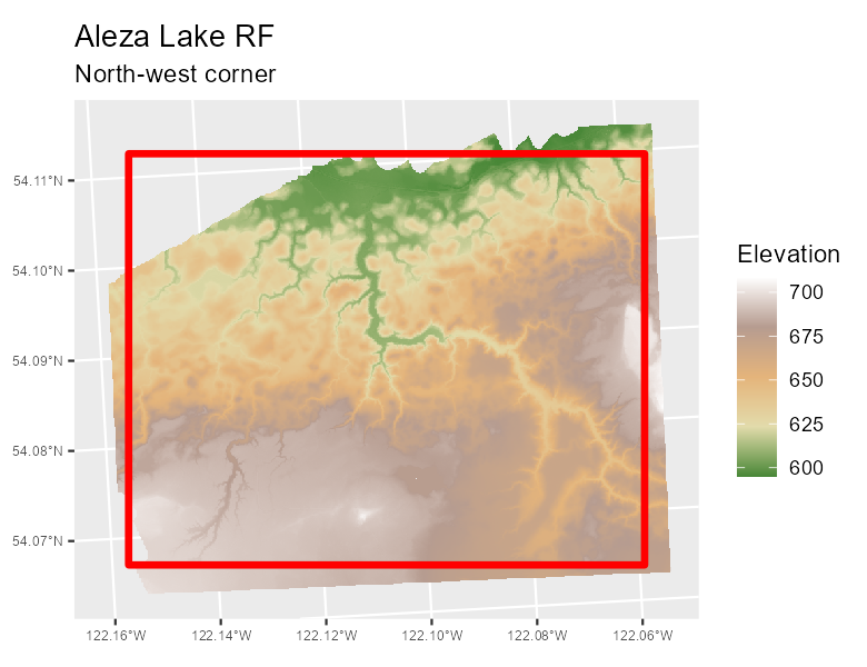 A raw digital terrain model with the area-of-interest noted in red. All processed rasters will align with the aoi.