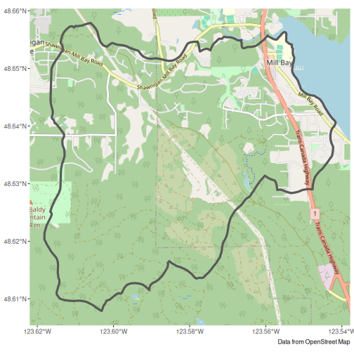 Mill Bay watershed outlined over Open Street map tiles to give context