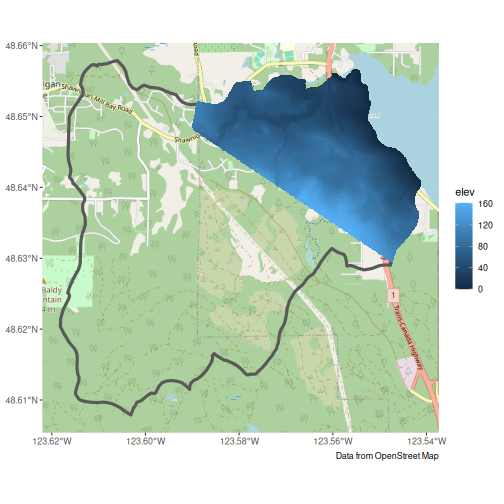 Mill Bay watershed outlined over Open Street map tiles to give context now with a Lidar digital elevation tiles coloured by elevation overlayed on top