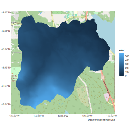 Mill Bay watershed outlined over Open Street map tiles to give context now with a TRIM digital elevation tiles coloured by elevation overlayed on top