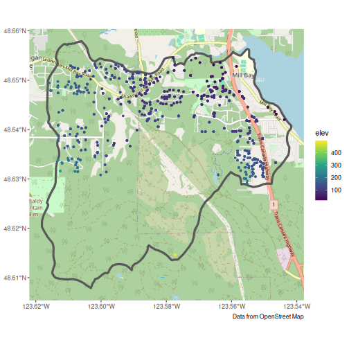 Mill Bay watershed outlined over Open Street map tiles to give context now with wells indicated by points, coloured by elevation