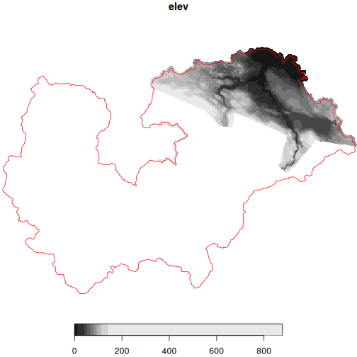 Koksilah watershed outlined with Lidar digital elevation tiles showing elevation only in the North East corner