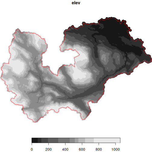 Koksilah watershed outlined with a custom digital elevation tiles showing elevation across the whole watershed