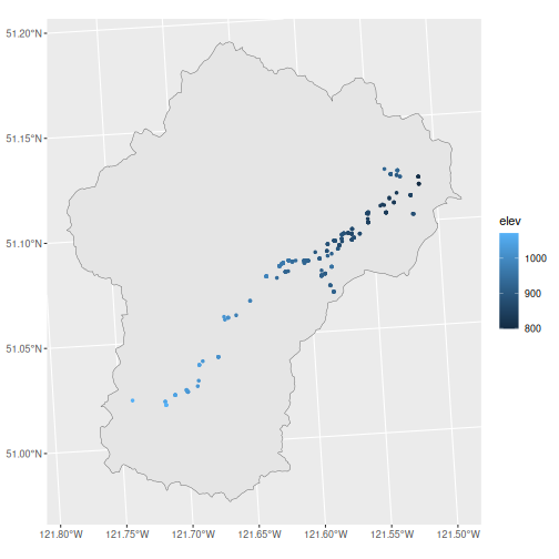Clinton Creek watershed with location of wells. Well colour indicates elevation