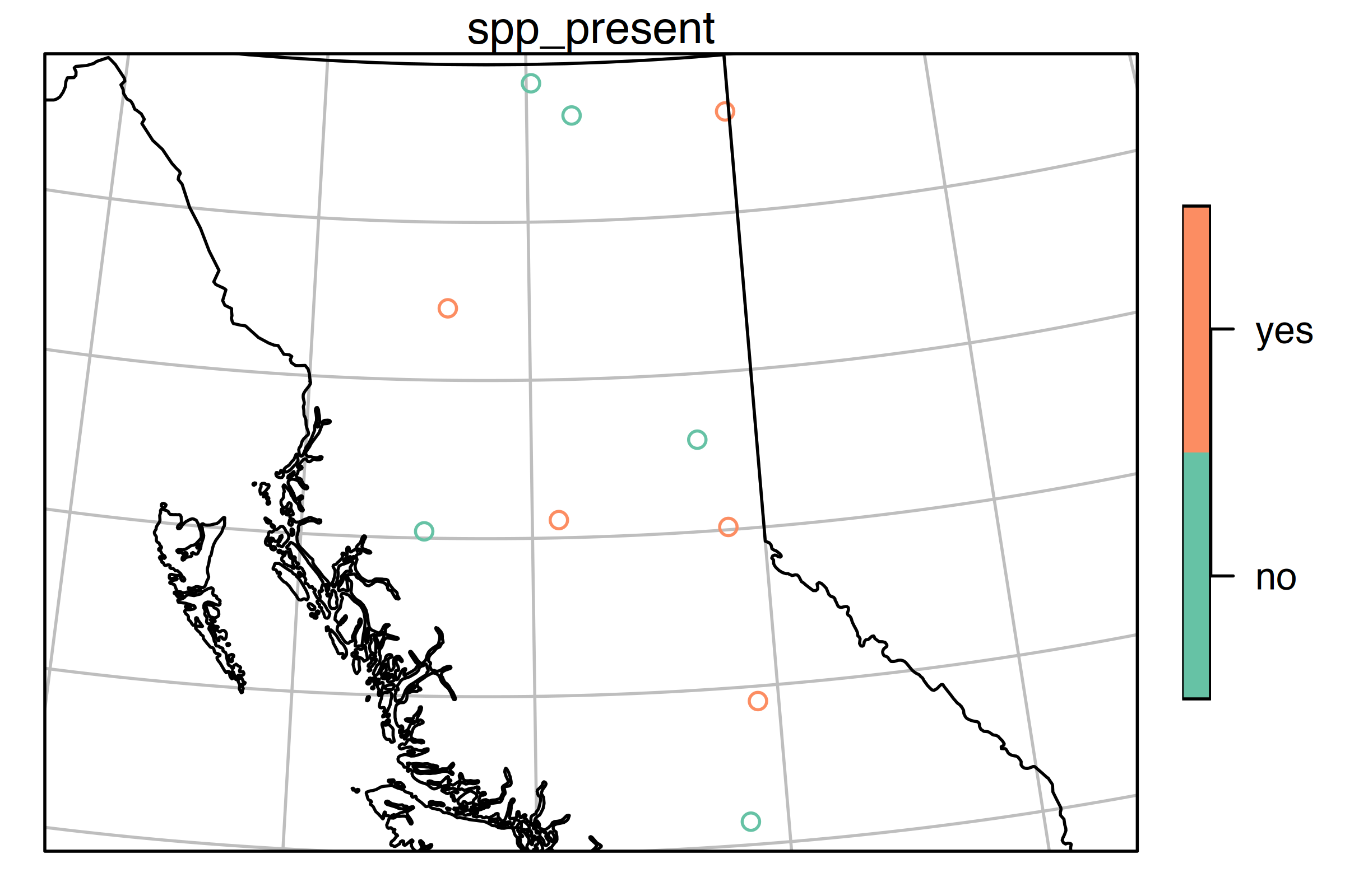 The same random coloured points as before, now overlaid on a map of British Columbia.