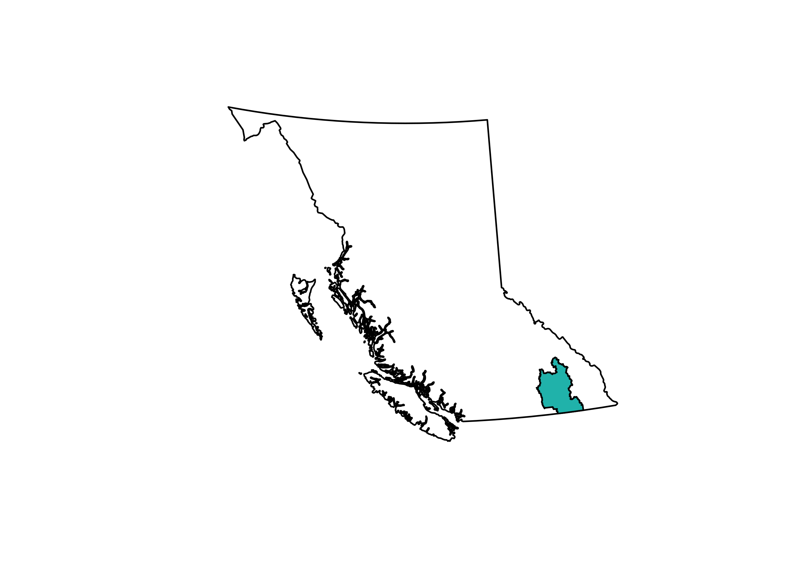 A map of the outline of British Columbia, with the Regional District of Central Kootenay in the Southeastern part of the province shaded in green.