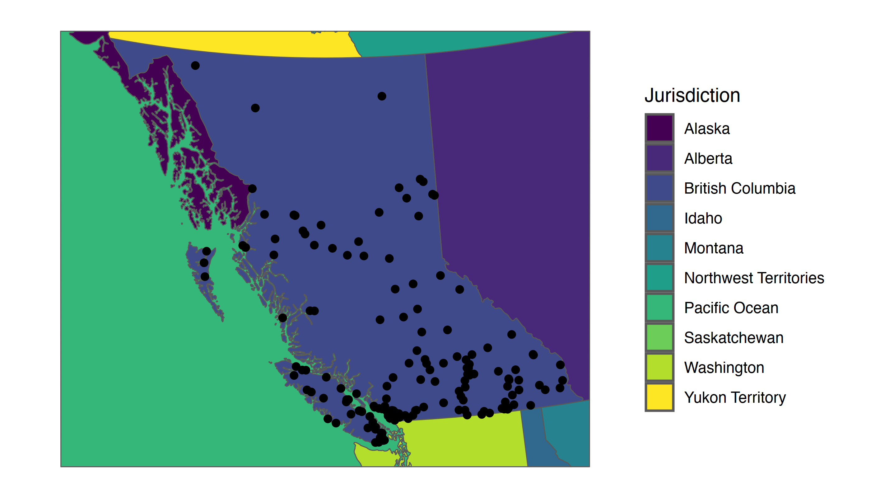 A map of British Columbia with points representing B.C. cities, with the neighbouring states and provinces shown.