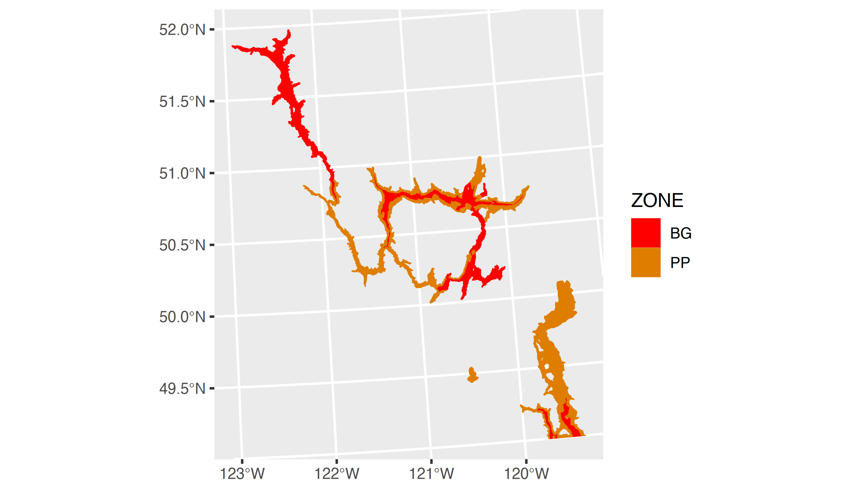 A map of the Bunchgrass and Ponderosa Pine Biogeoclimatic zones in Southern British Columbia.