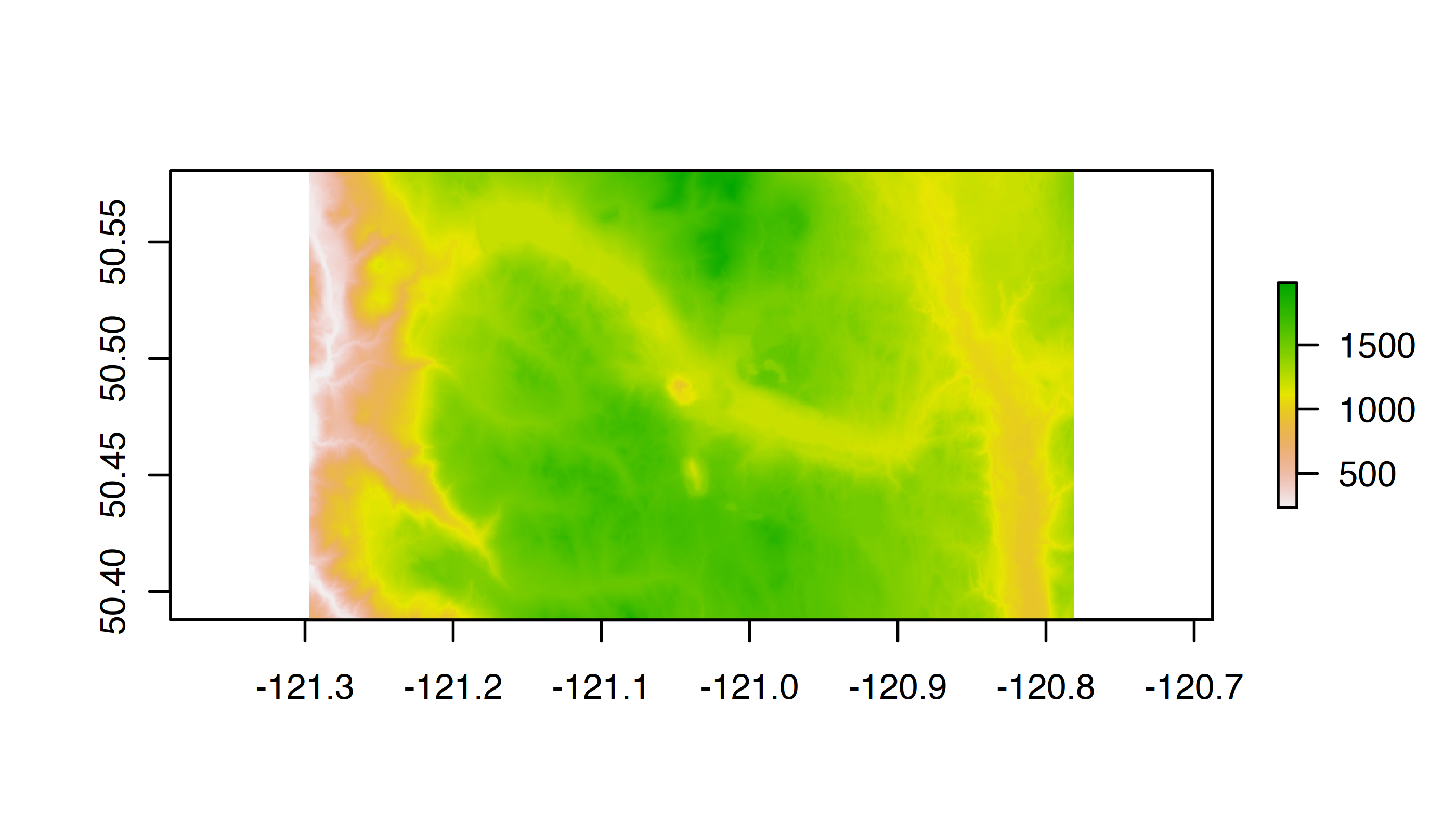 A digital elevation map of a subset of B.C. (Logan Lake Census Subdivision) with high elevation in green and low elevation in pink.