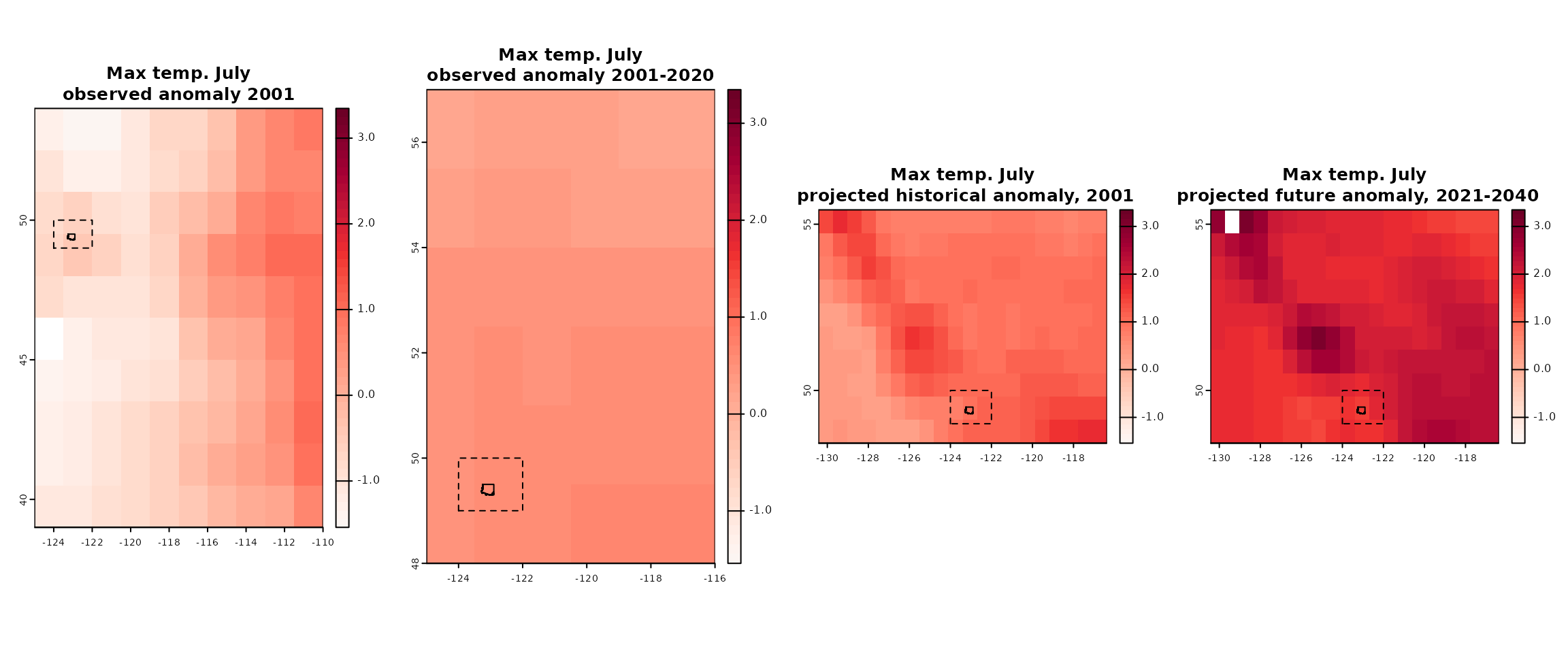 Downloaded historical and future anomalies shown with North Vancouver area and the requested bounding box.