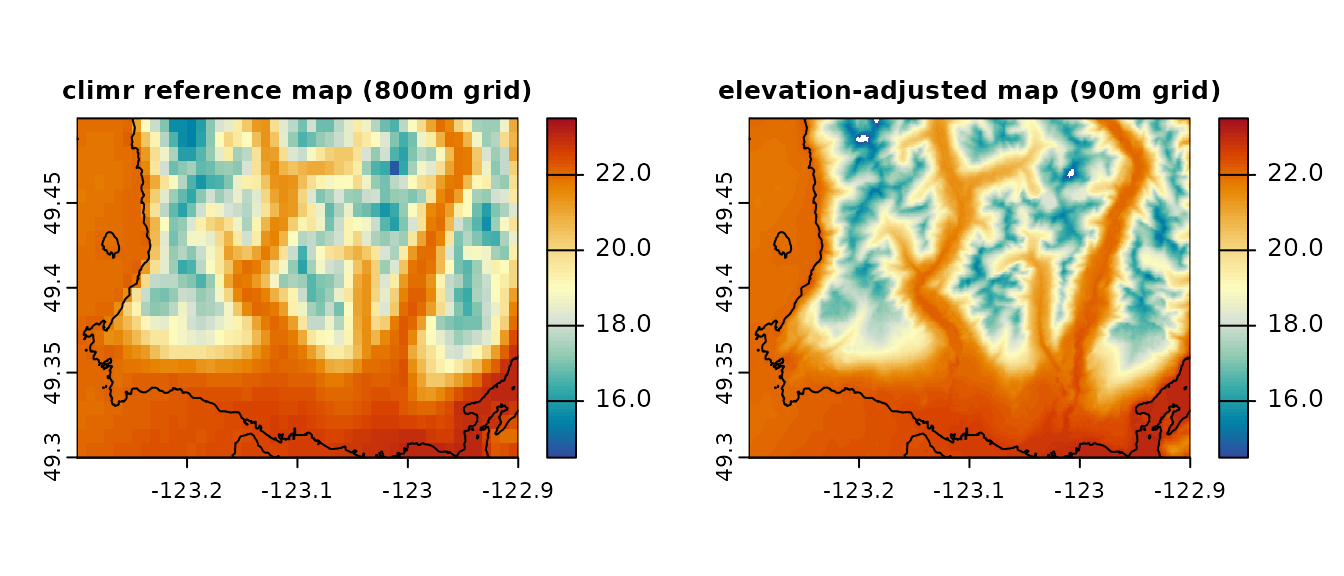 *1961-1990 July T~max~ in the 800m reference clmate map (left) and elevation-adjusted to a 90m grid (right).*