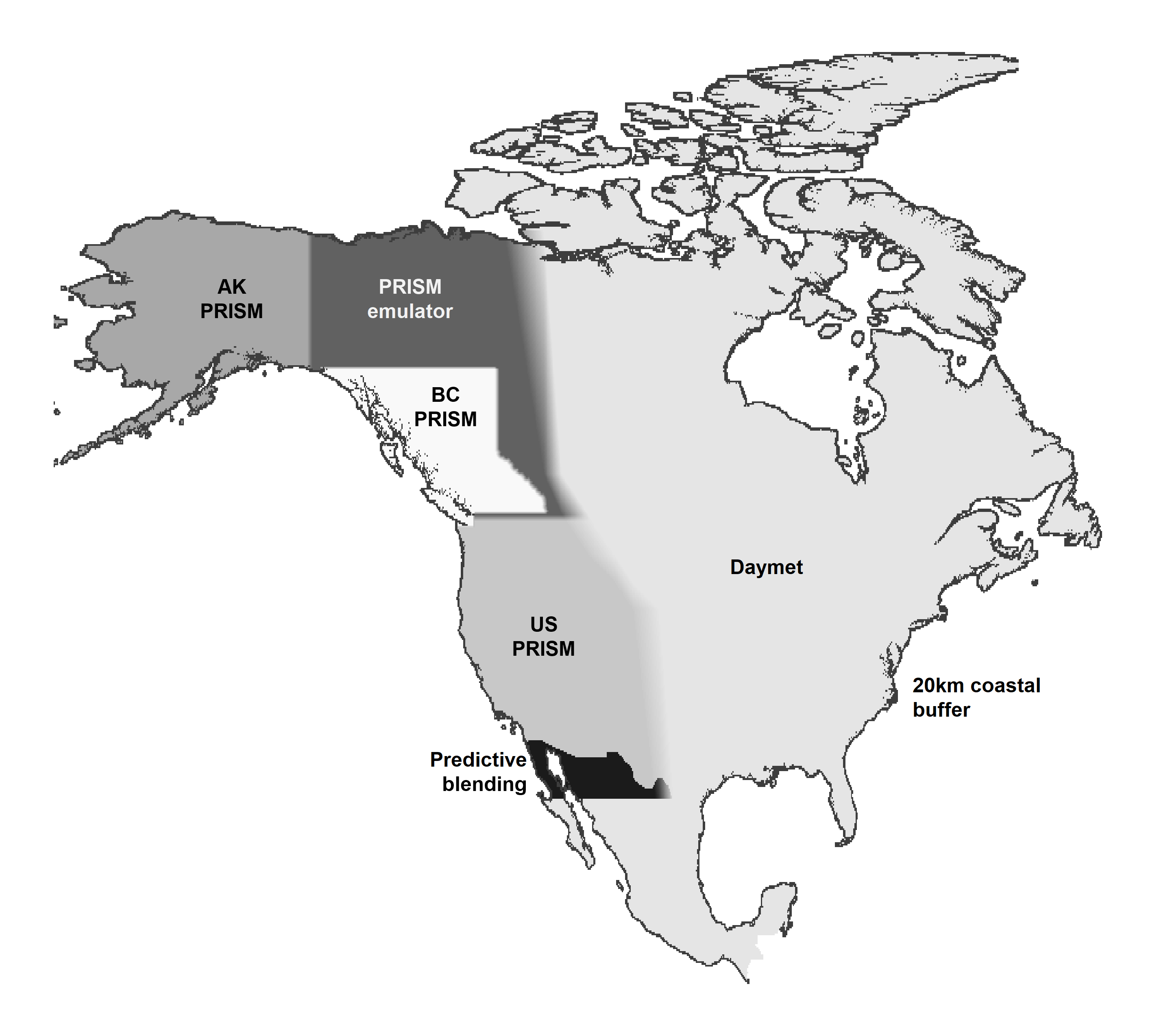 Figure 1. Elements of the climr mosaic of 1981-2010 climatologies. PRISM and Daymet are publicly available datasets. The PRISM Emulator and predictive blending were developed as part of the climr mosaic method and are described in this article. Blending between products is as shown.