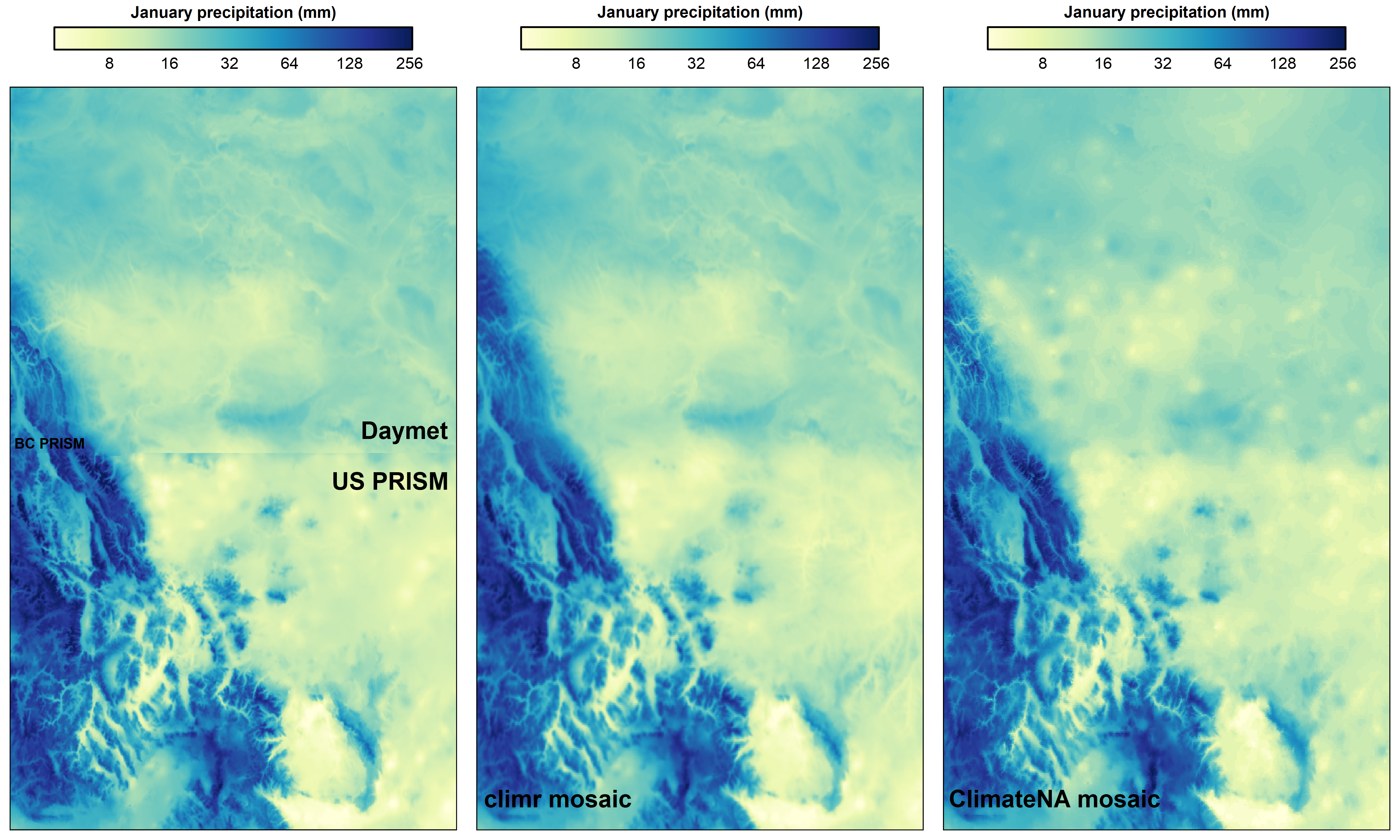 Figure 7. Comparison of climr and ClimateNA mosaics to source data for July Precipitation along the Alberta-US boundary.
