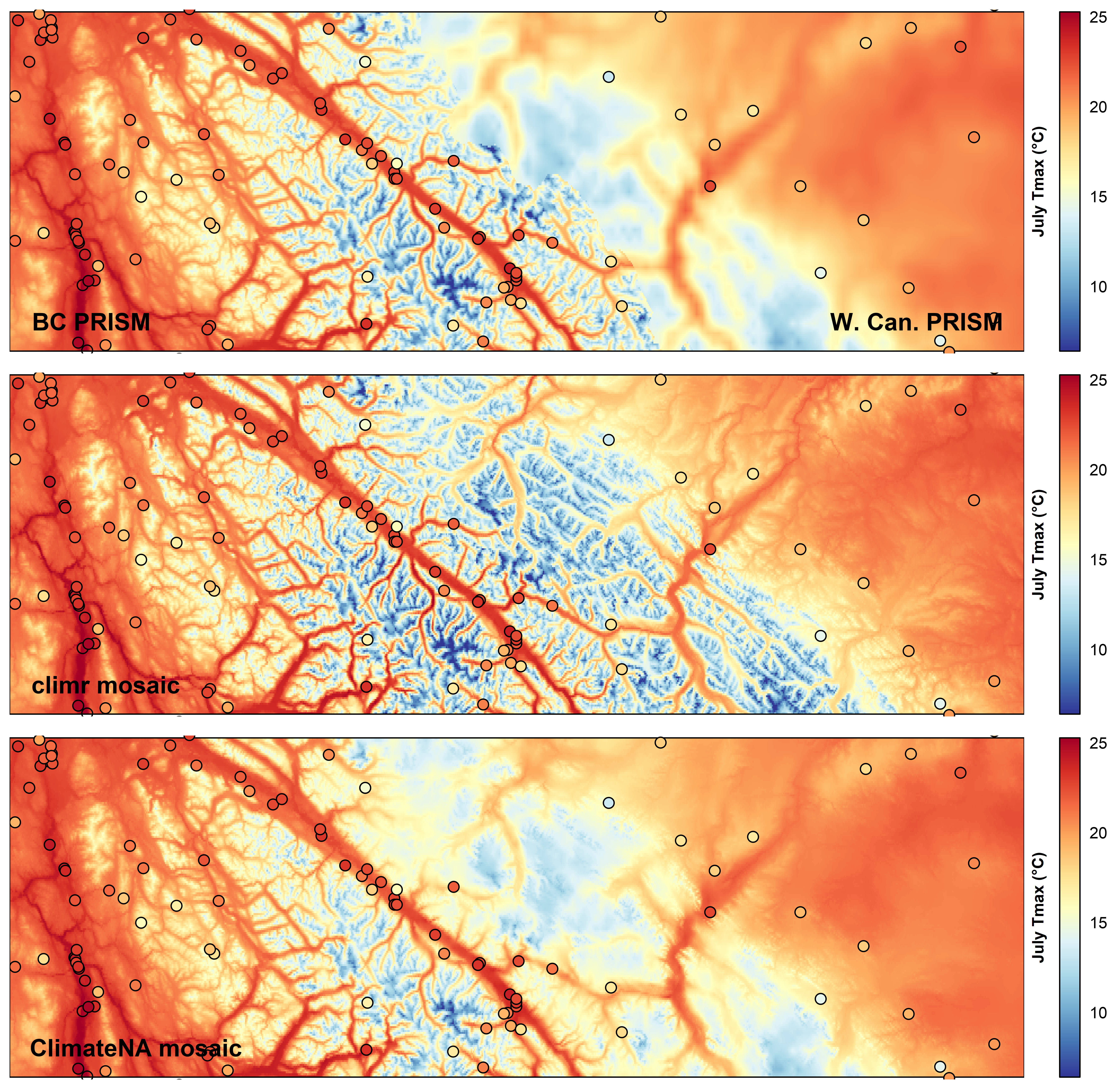 Figure 4. Comparison of climr and ClimateNA mosaics to source data for July Tmax at the continental divide boundary of southern BC and Alberta. Filled circles are weather stations with 1981-2010 normals following the same colour scheme.