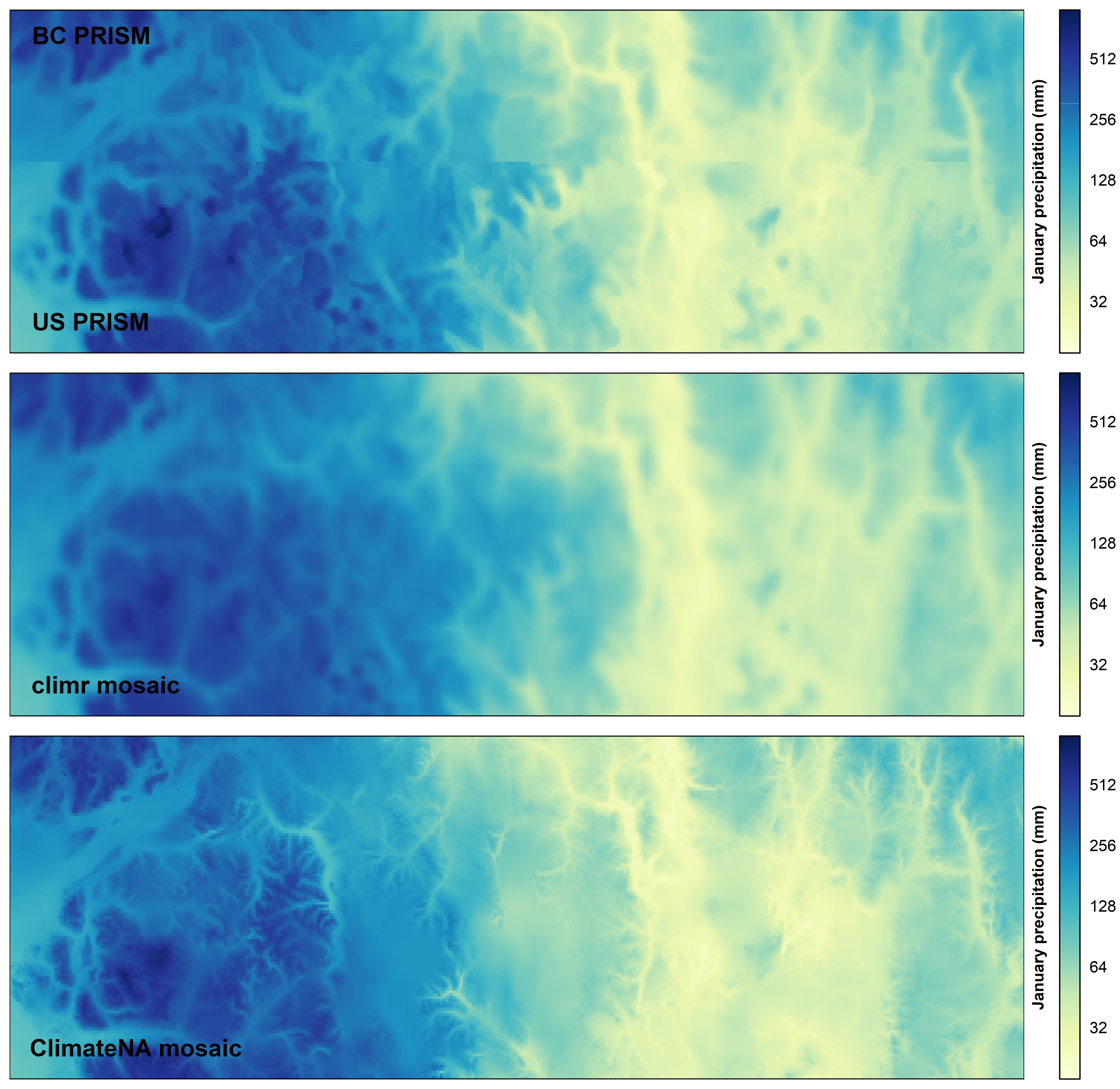 Figure 5. Comparison of climr and ClimateNA mosaics to source data for January precipitation along the boundary of southern BC and Washington State.