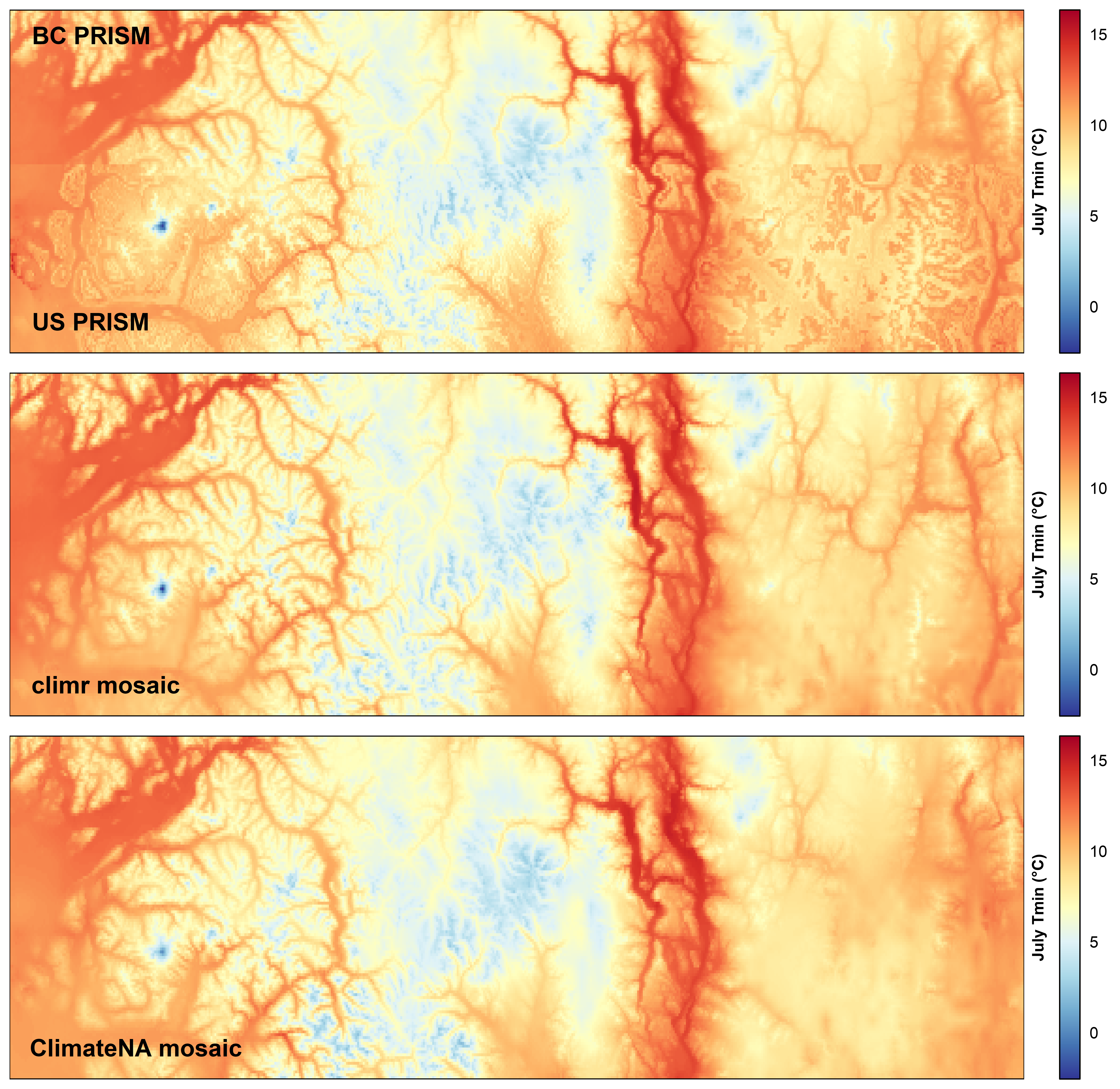 Figure 6. Comparison of climr and ClimateNA mosaics to source data for July Tmin along the boundary of southern BC and Washington State.