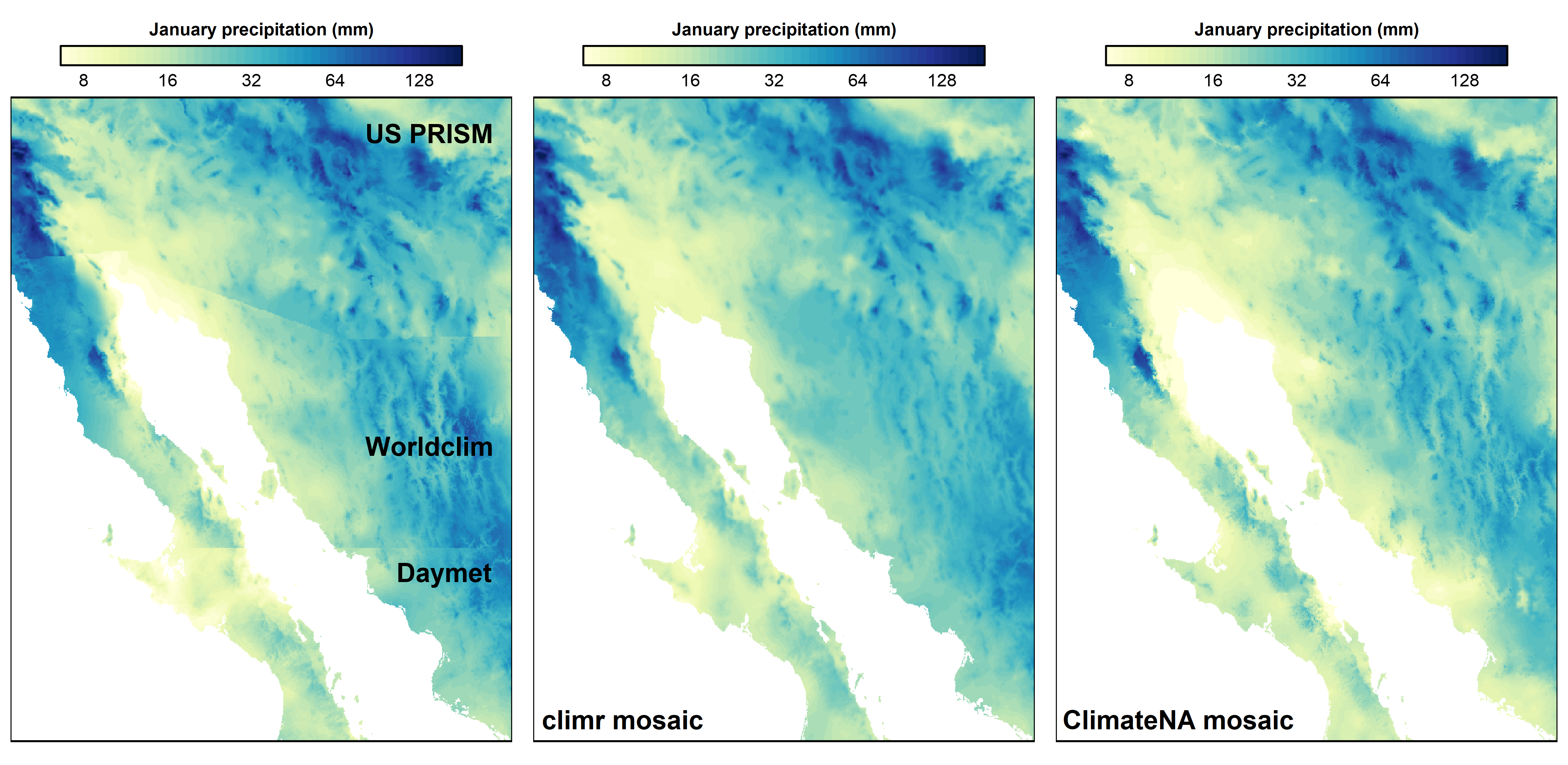Figure 8. Comparison of climr and ClimateNA mosaics to source data for January Precipitation along the US-Mexico boundary.