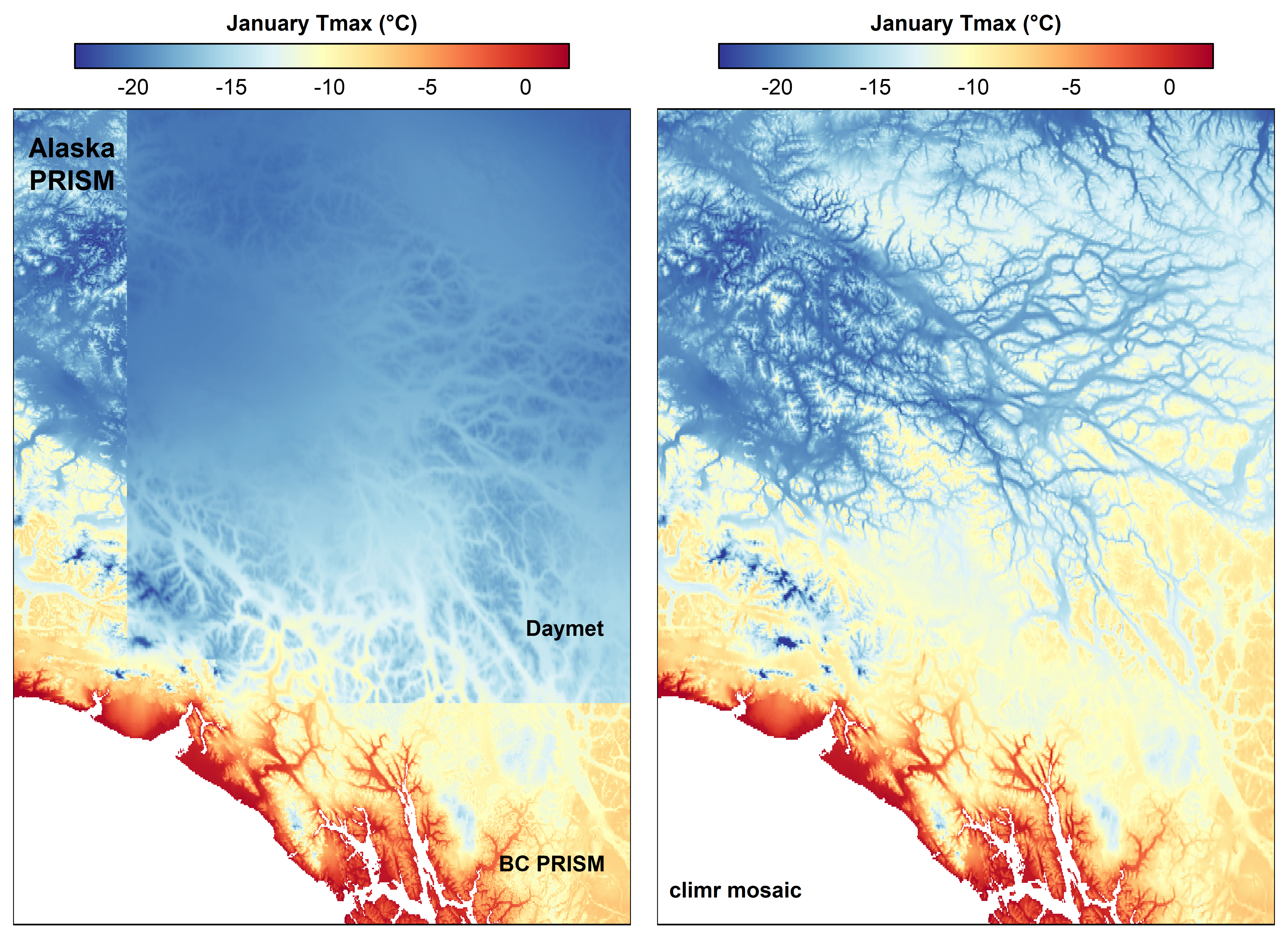 Figure 2. Source data and prediction of the PRISM emulator for January Tmax (i.e., monthly mean daily maximum temperature) in southwest Yukon.