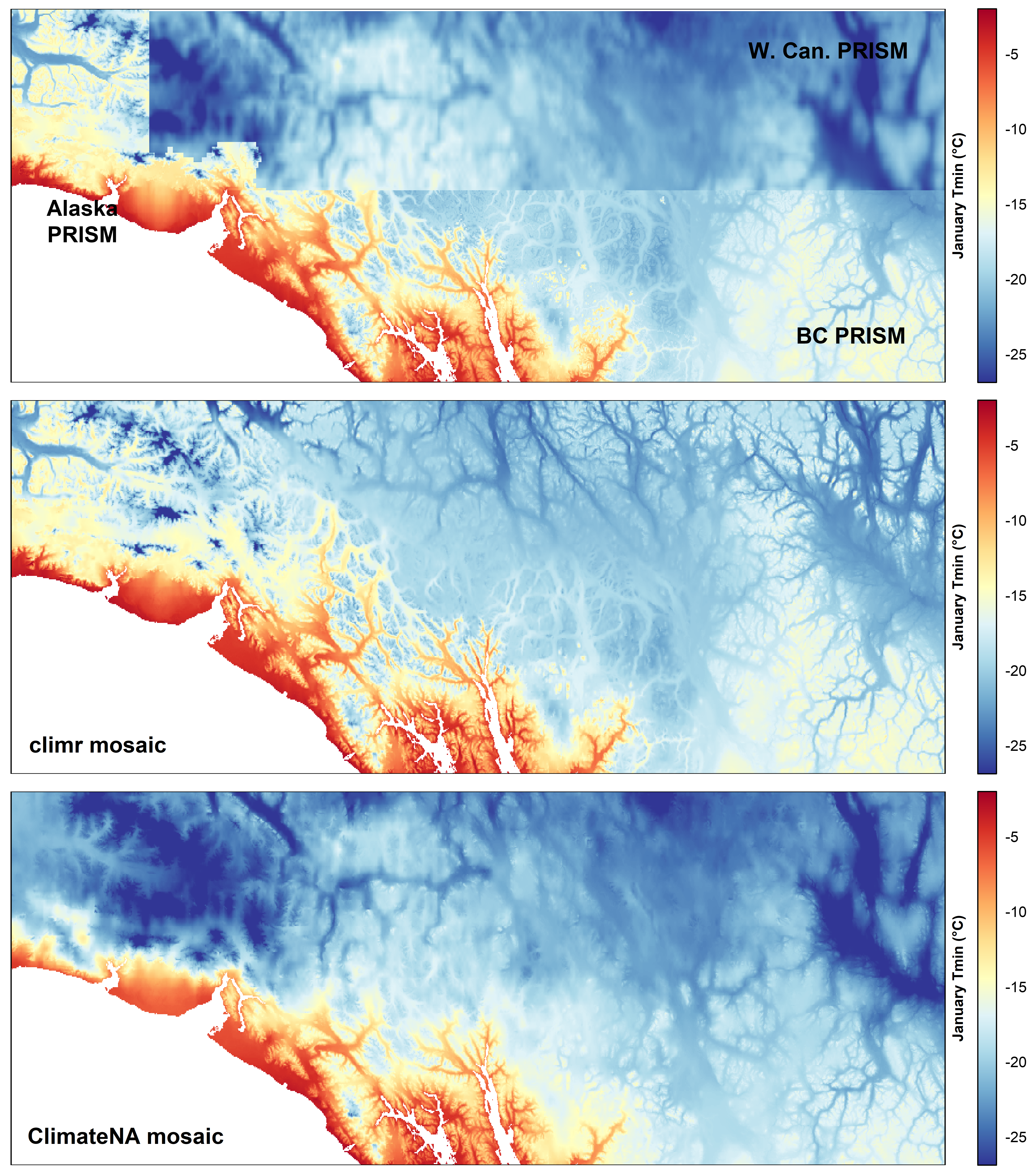 Figure 3. Comparison of climr and ClimateNA mosaics to source data for January Tmin in southwest Yukon.