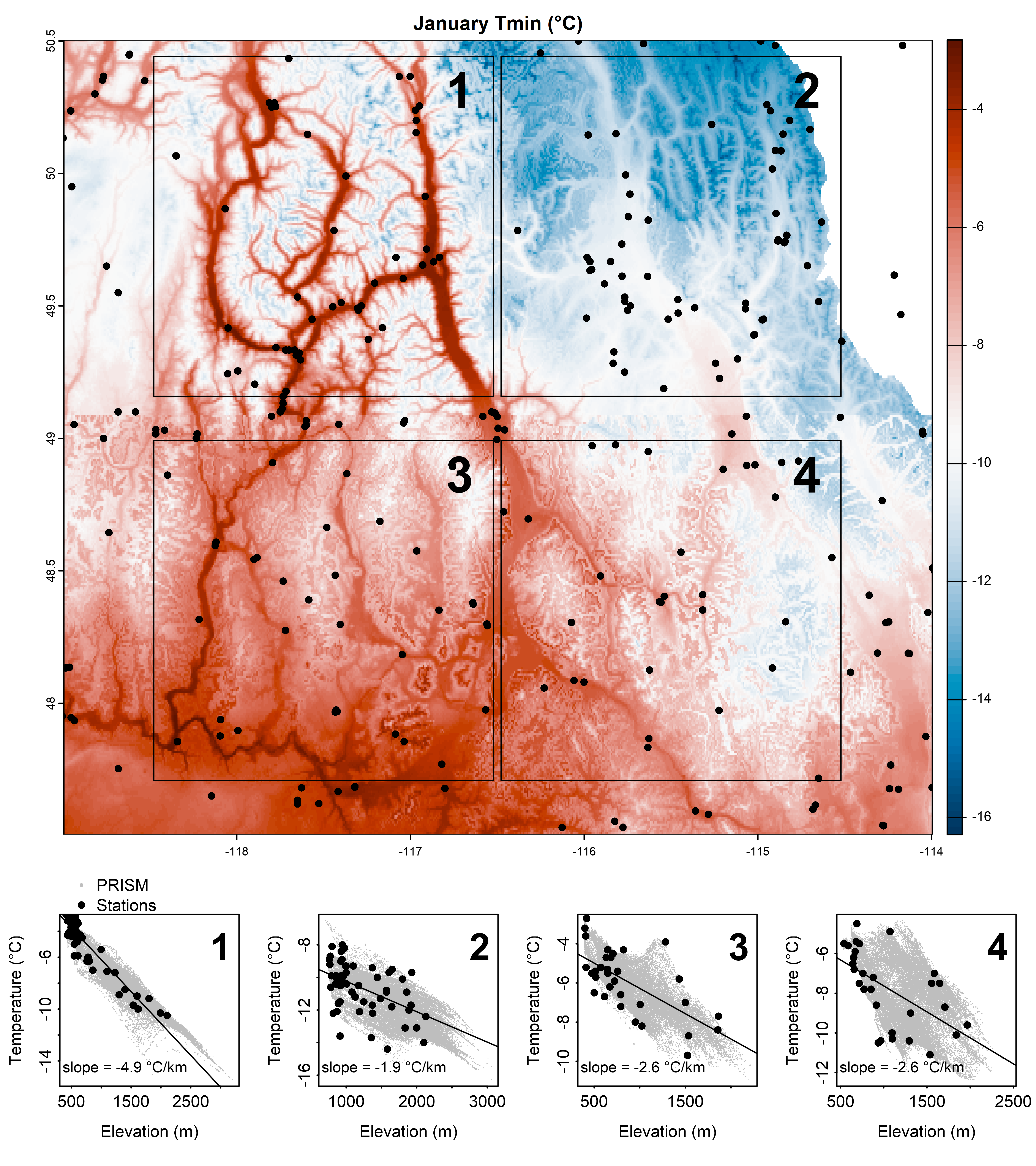 Figure 9. Evaluation of January Tmin lapse rates in the BC PRISM (areas 1 & 2) and US PRISM (areas 3 and 4). Black dots on the map are weather station locations. Bottom panels show the relationship of temperature to elevation in the PRISM grid cells (grey dots) and stations (black dots) within each of the four numbered square areas on the map. The line and stated slope are a linear best fit to the station data.