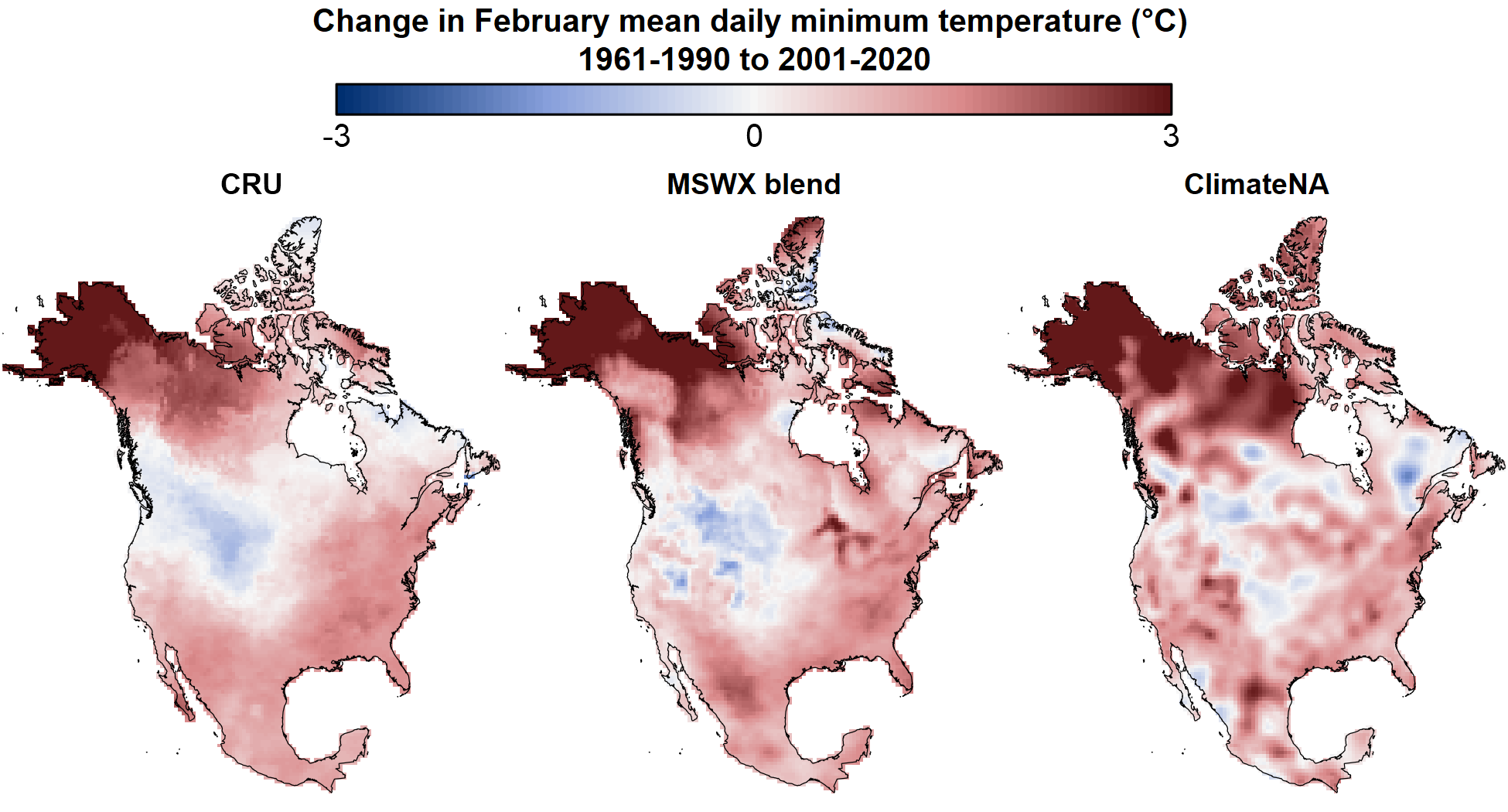 Figure 2: Comparison of the CRU, MSWX-blend, and ClimateNA gridded time series in terms of the difference between the 1961-1990 and 2001-2020 average February Tmin.