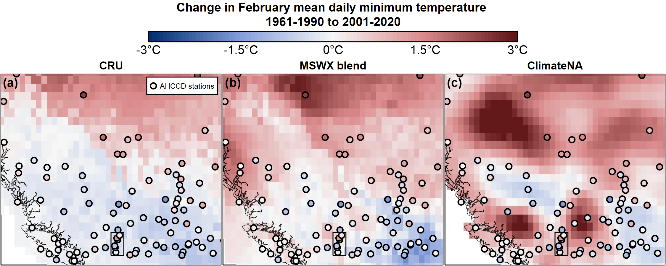 Figure 4: As in figure 2, but zoomed into the region of British Columbia and Alberta. Filled circles are AHCCD stations and follow the same color scheme as the gridded data. The black rectangle at lower centre of each map is a region of the Okanagan Valley featured in Figures 5 and 6.