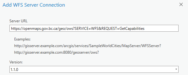 New WFS connection dialogue in ArcGIS Pro