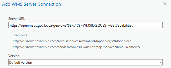 New WMS connection dialogue in ArcGIS Pro