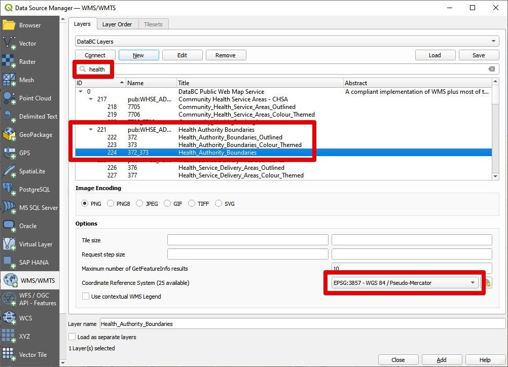 Settings to add the Health Authority Boundaries layer
