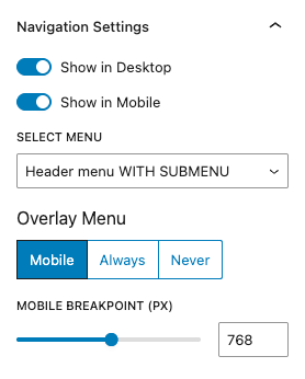 Navigation Block Settings