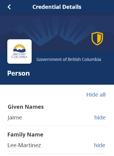 A detailed top view of a credential, showing the given and family names of a person