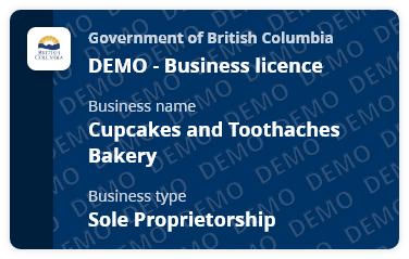 A simple view of a non-production business licence credential, showing the businenss name and type