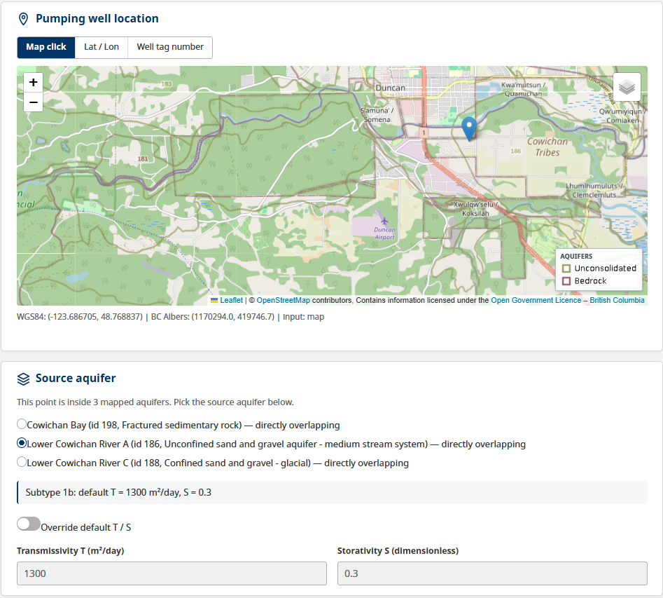 Source-aquifer dropdown showing directly-overlapping aquifers first, nearby aquifers below with distance tags, and a manual-entry option at the bottom