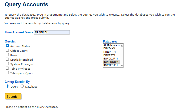 BC Account Query Tool form, with the IDIR field filled, Queries set to Account Status, and Databases set to IDWPROD11