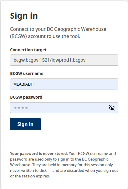 Groundwater Drawdown Tool sign-in page with BCGW username and password fields