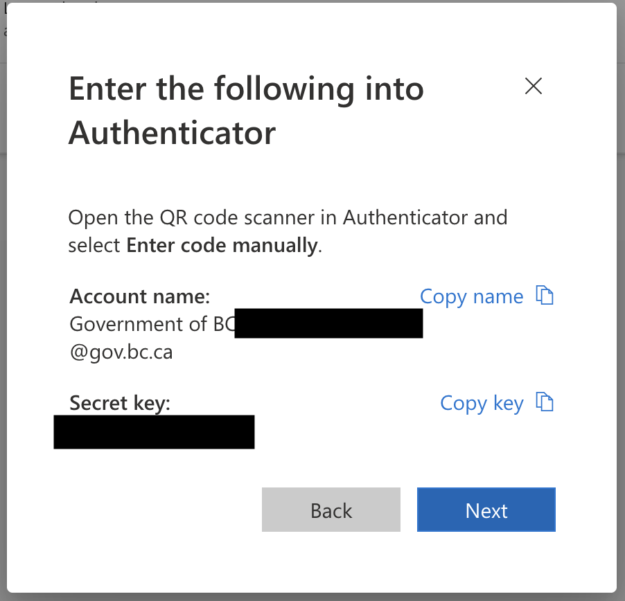 Secret key revealed for manual entry into an authenticator