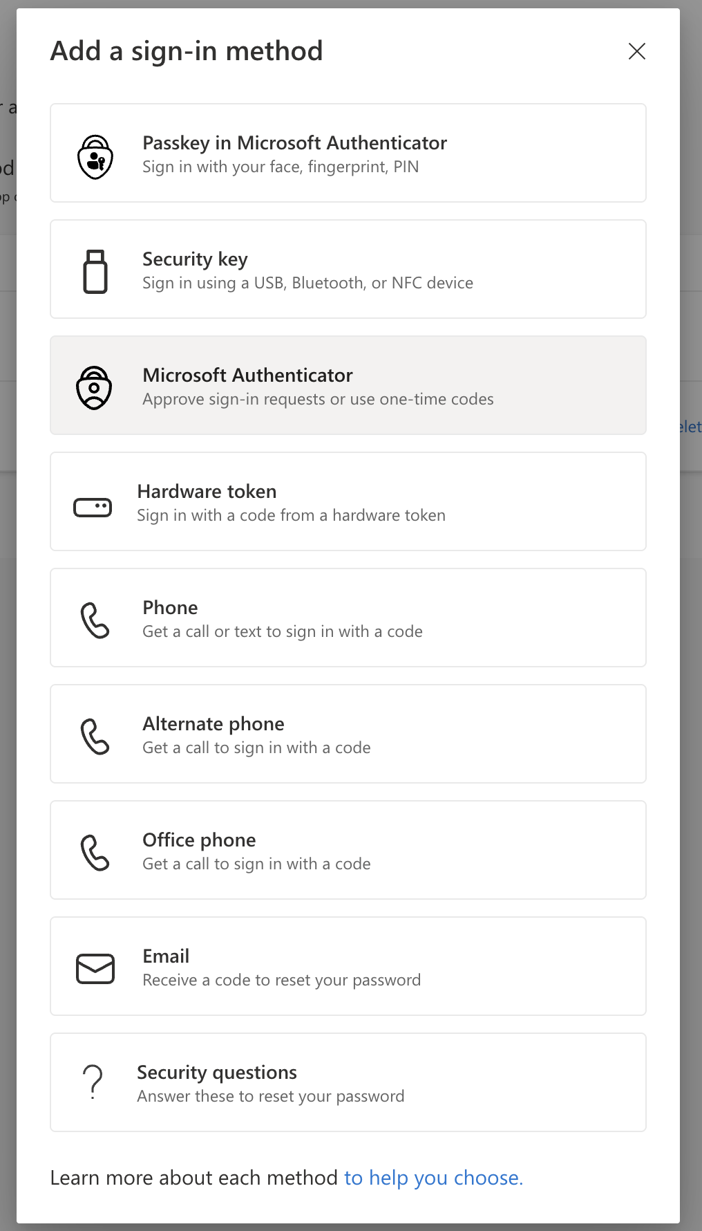 Choosing Microsoft Authenticator as the sign-in method